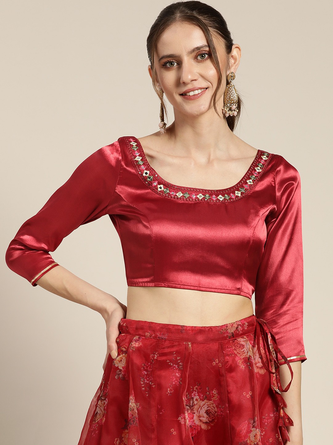 

Shae by SASSAFRAS Maroon Geometric Embroidered Satin Crop Top