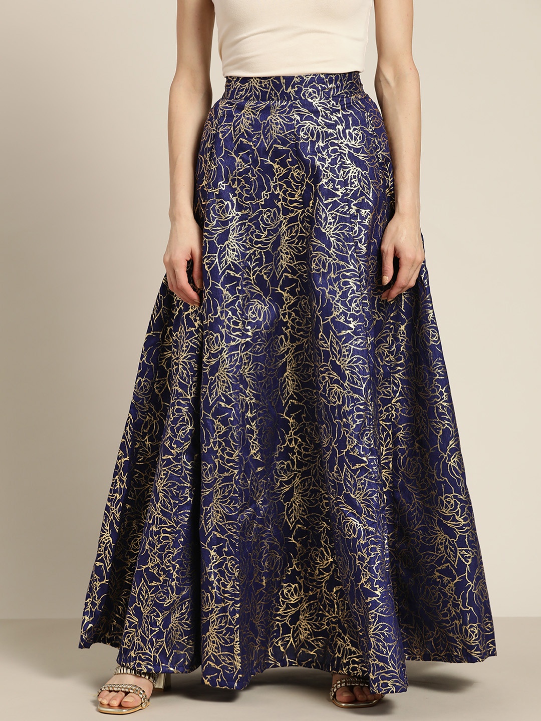 

Shae by SASSAFRAS Navy Blue Floral Foil Printed Flared Skirt