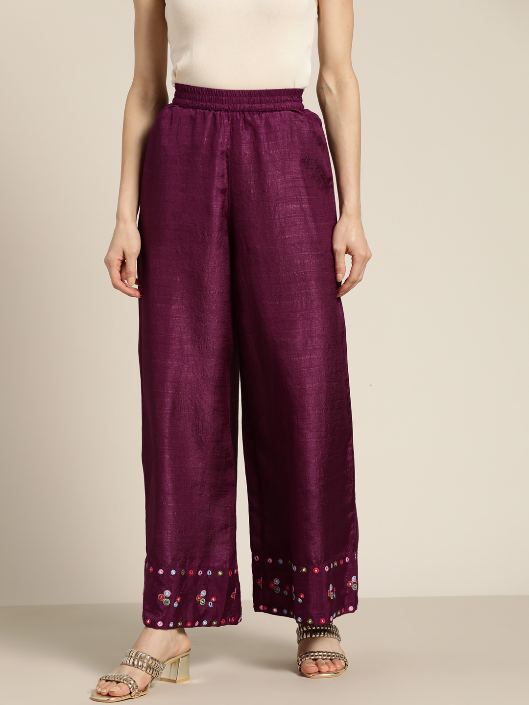 

Shae by SASSAFRAS Women Burgundy Hem Design Mirror Work Ethnic Palazzos