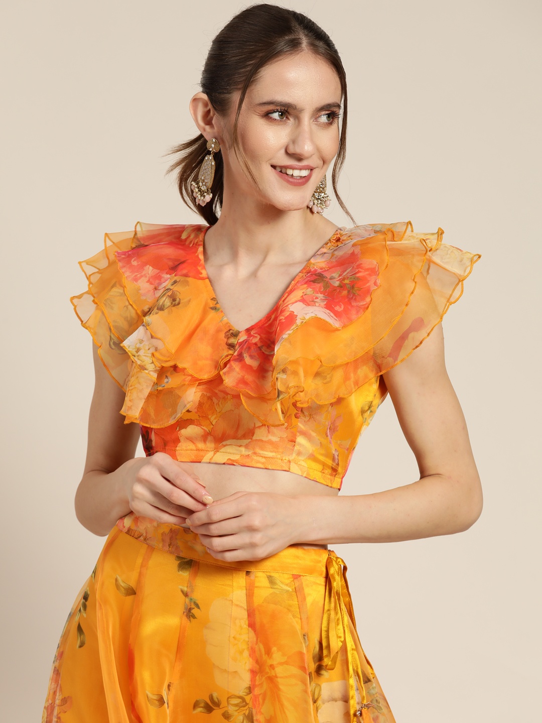 

Shae by SASSAFRAS Yellow & Red Floral Printed Layered Organza Crop Top