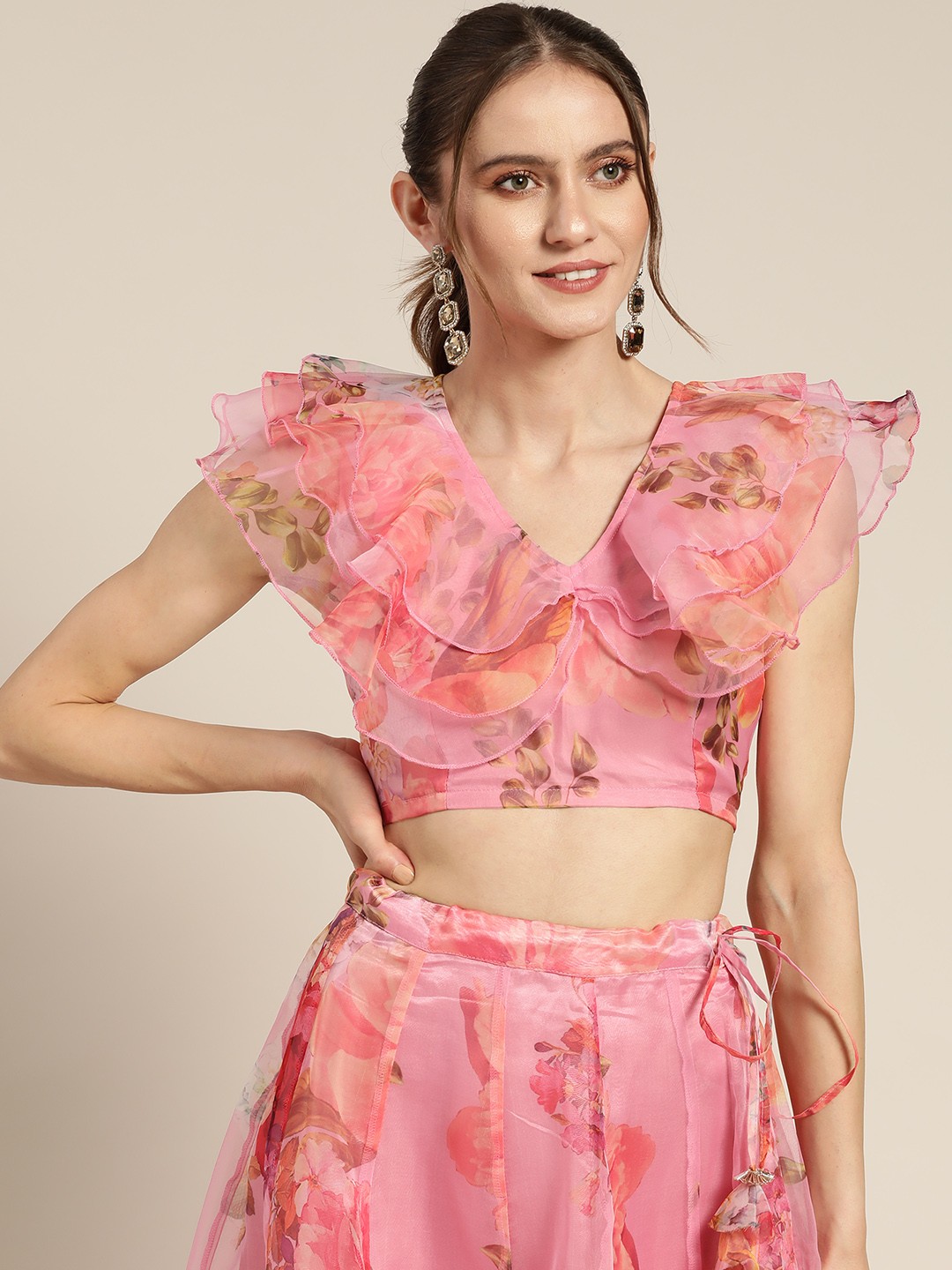 

Shae by SASSAFRAS Pink & Green Floral Printed Layered Organza Crop Top