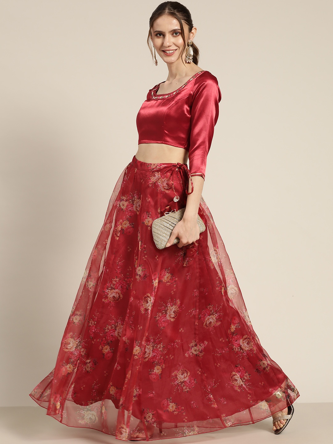 

Shae by SASSAFRAS Maroon Floral Paneled Organza Flared Skirt