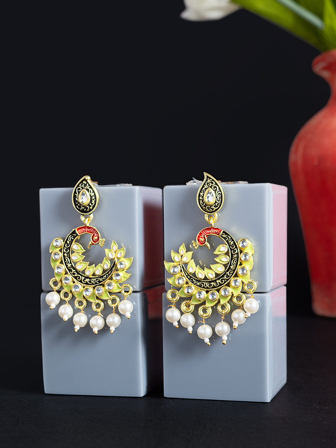 

Golden Peacock Green & Black Peacock Shaped Drop Earrings