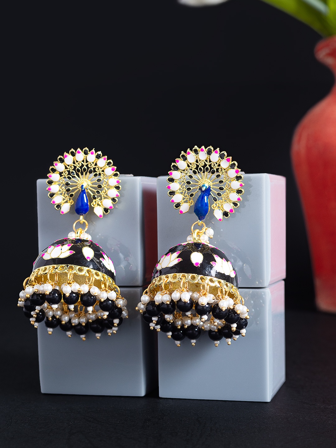 

Golden Peacock Black & White Peacock Shaped Jhumkas Earrings