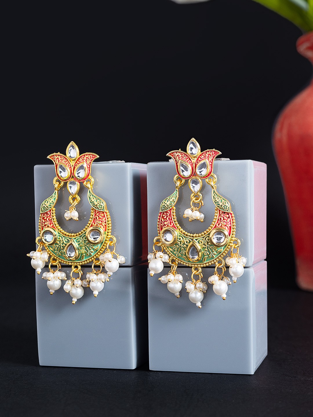 

Golden Peacock Pink & Green Kundan-Studded & Cluster Pearl Beaded Chandbalis Earrings