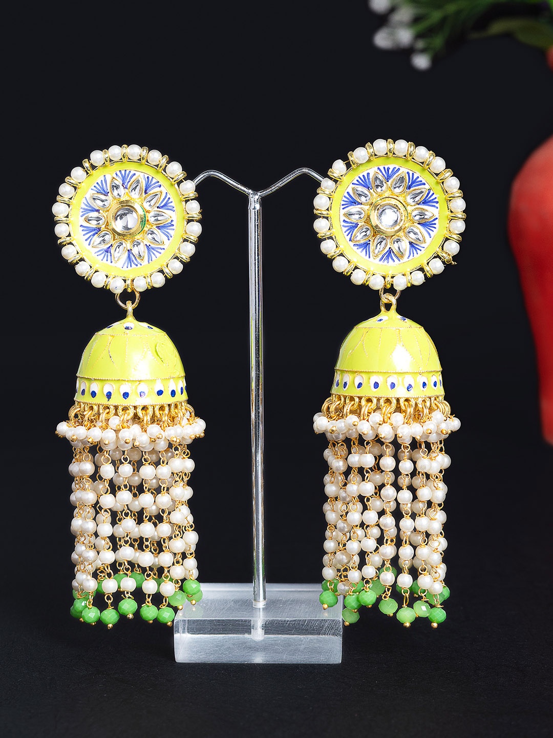 

Golden Peacock Green Gold Plated Dome Shaped Jhumkas Earrings