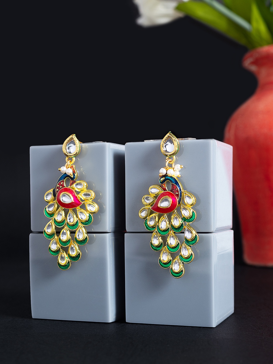 

Golden Peacock Green & Pink Peacock Shaped Drop Earrings