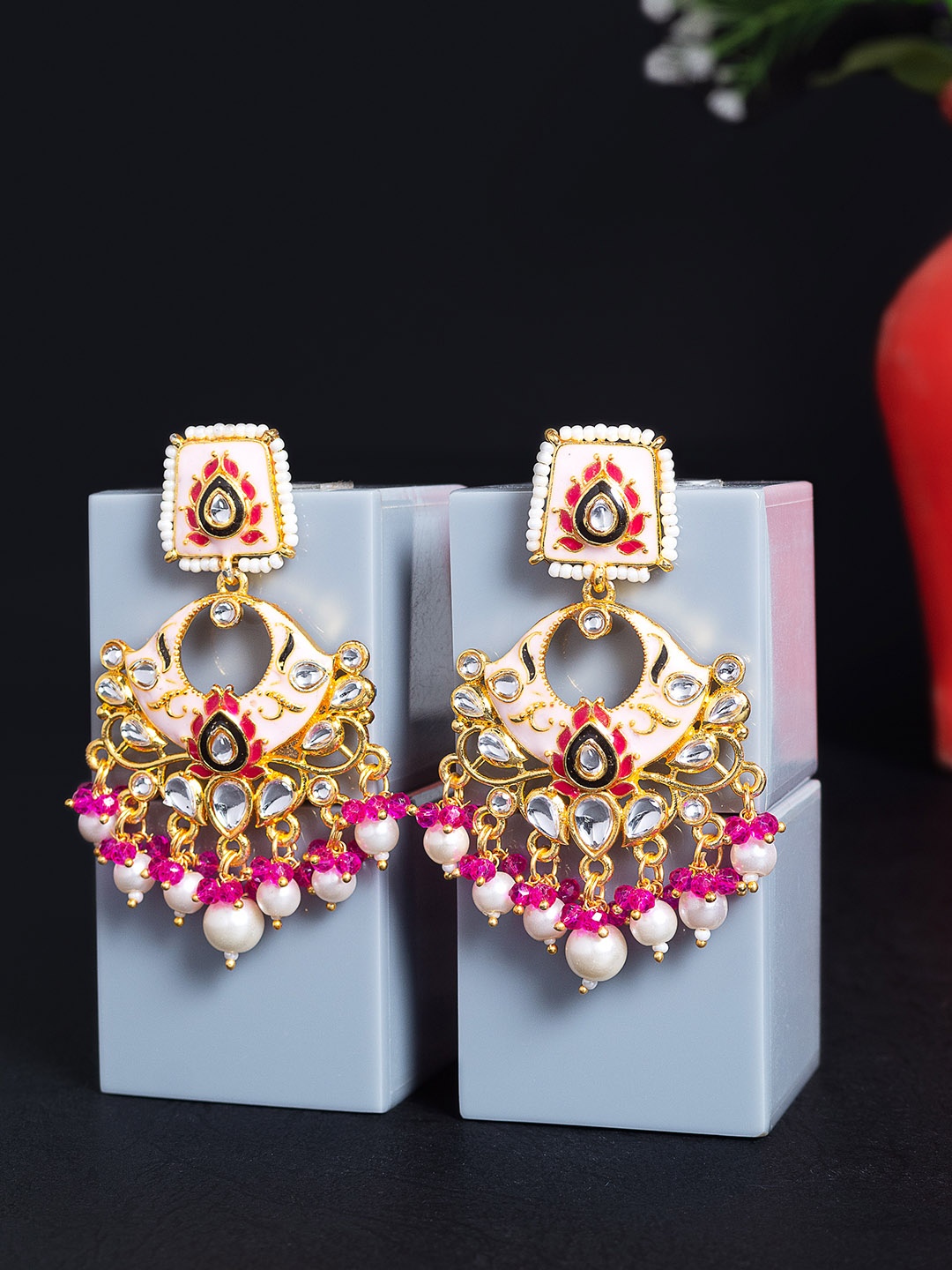 

Golden Peacock Pink & White Kundan Studded Chandbalis Earrings