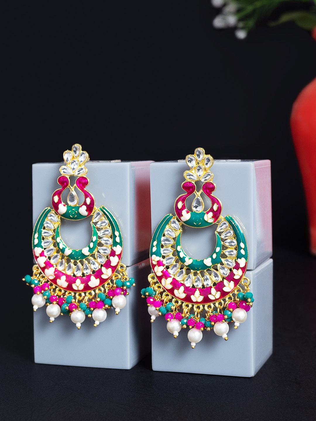 

Golden Peacock Pink & Green Crescent Shaped Drop Earrings
