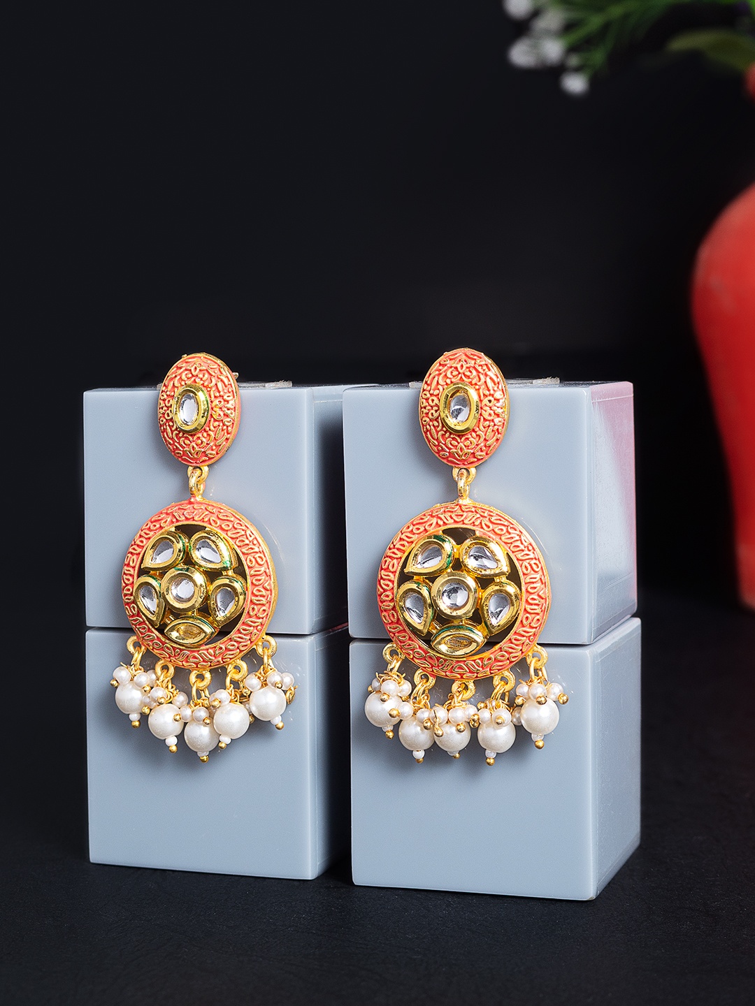 

Golden Peacock Peach-Coloured Circular Floral Meenakari Kundan Studded Drop Earrings