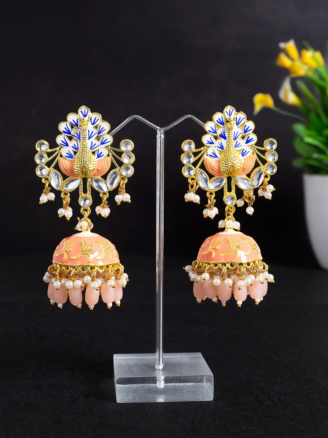 

Golden Peacock Pink & Blue Peacock Shaped Beaded Jhumkas Earrings