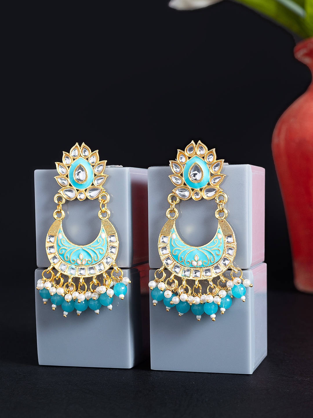 

Golden Peacock Blue & White Classic Kundan-Studded Chandbalis Earrings