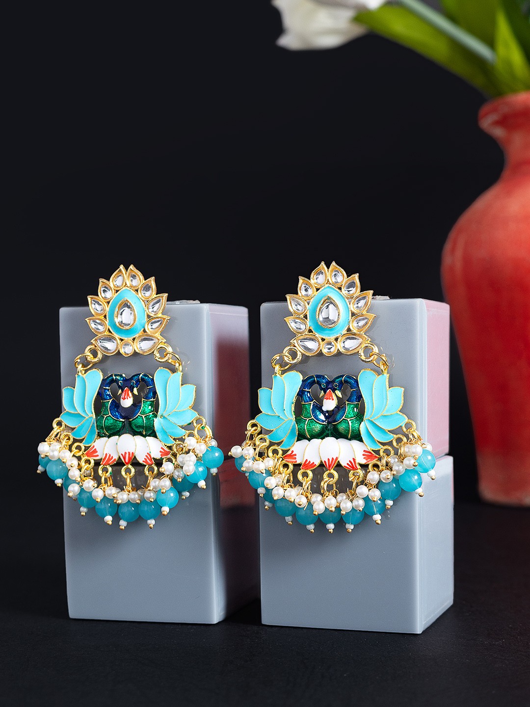 

Golden Peacock Blue & White Kundan-Studded Paisley Shaped Drop Earrings