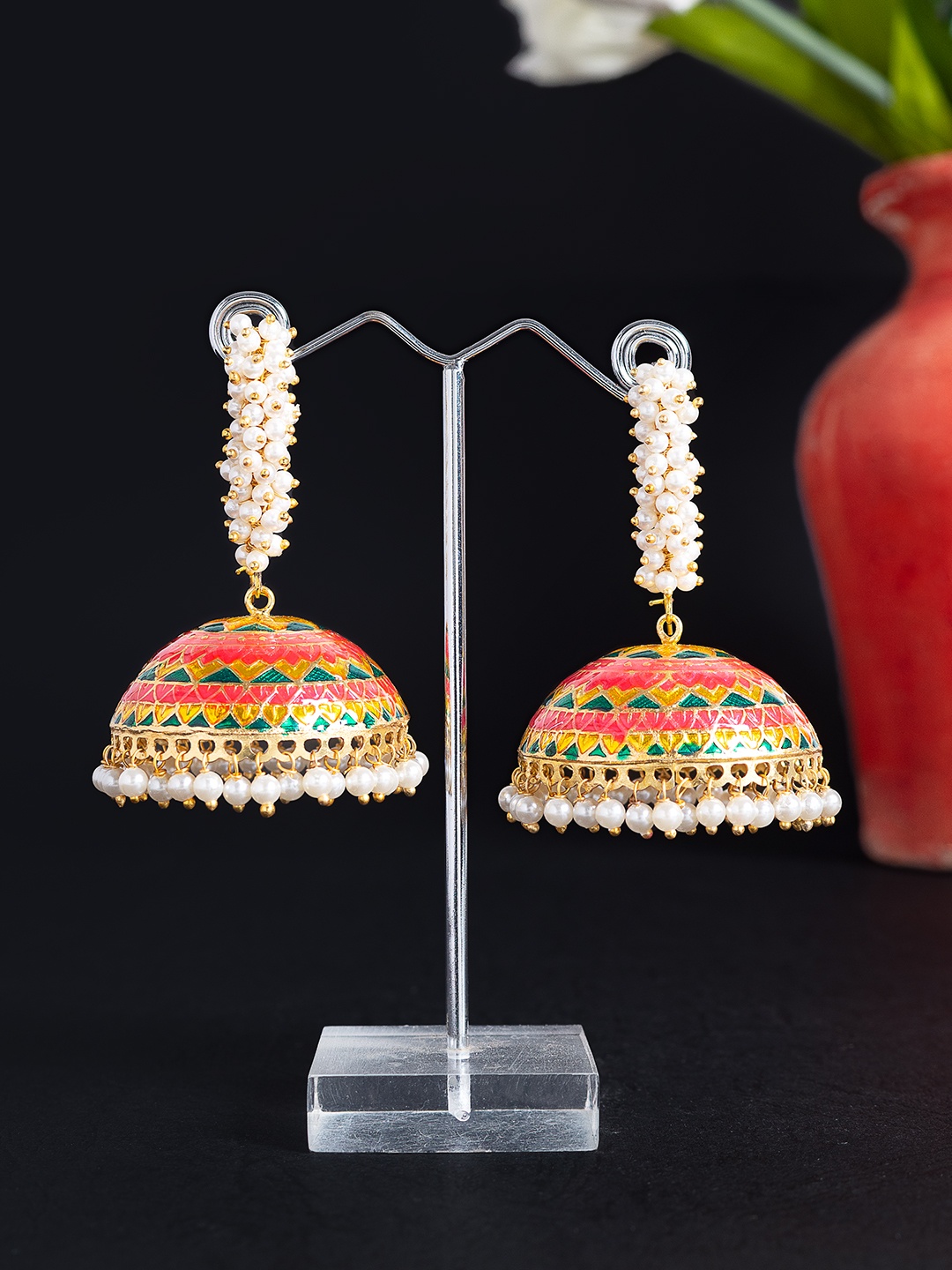 

Golden Peacock Pink & Yellow Dome Shaped Jhumkas Earrings