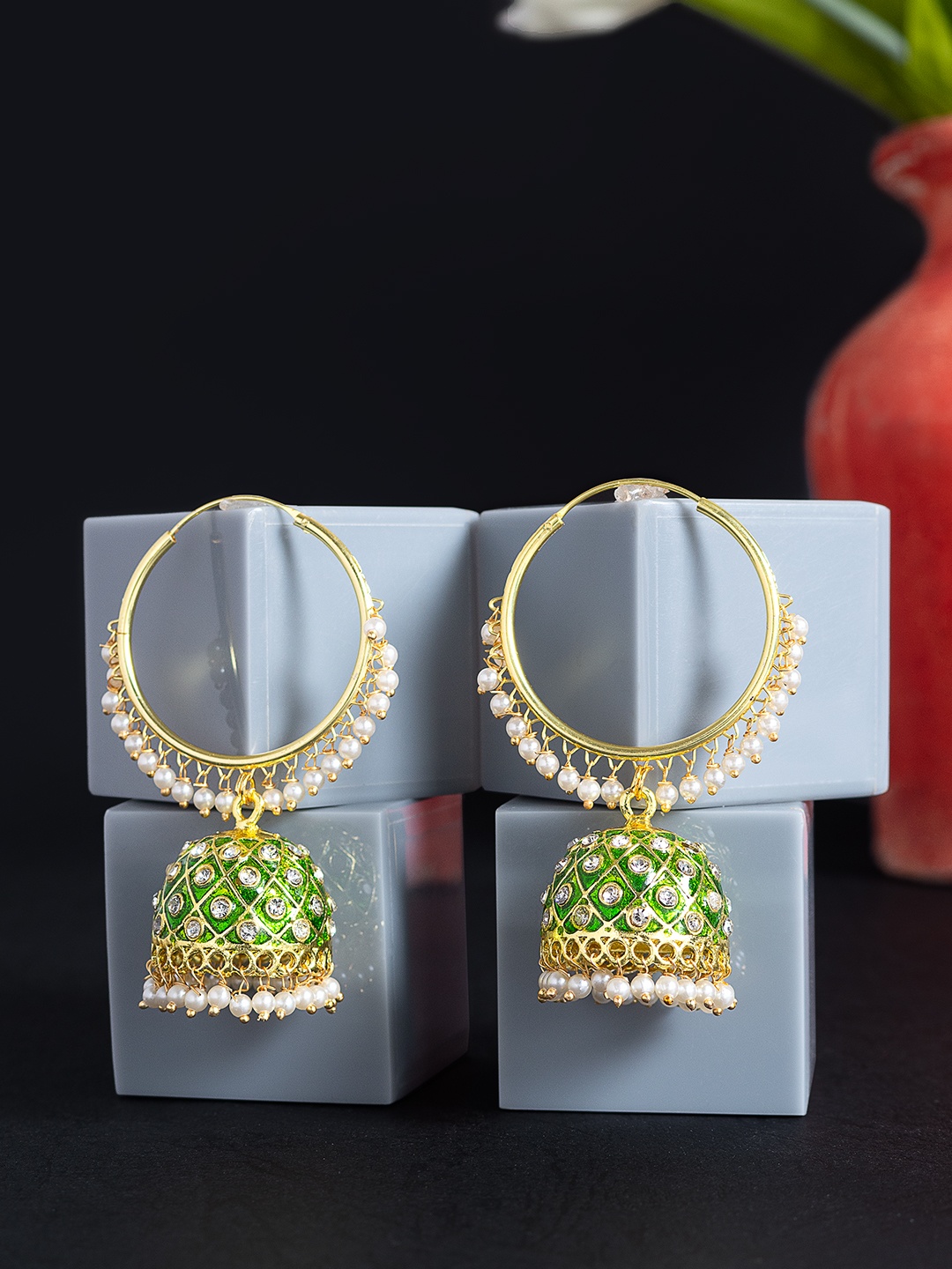 

Golden Peacock Green & White Dome Shaped Studded Jhumkas Earrings