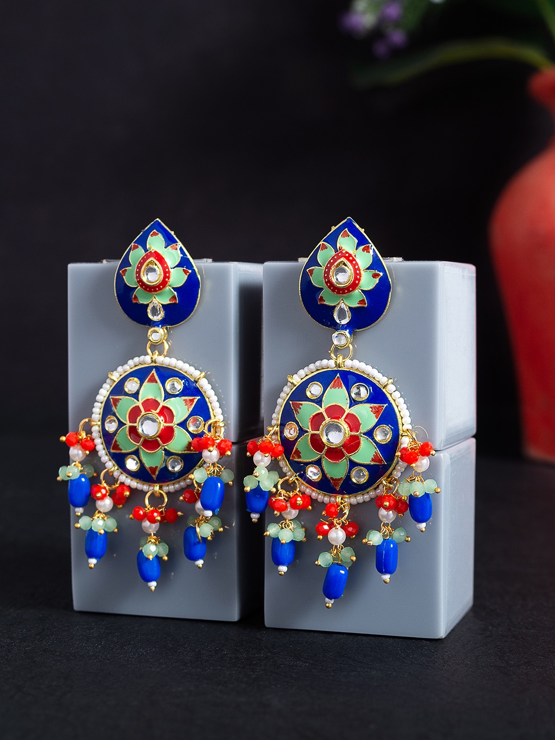 

Golden Peacock Navy Blue & Red Kundan-Studded Floral Drop Earrings
