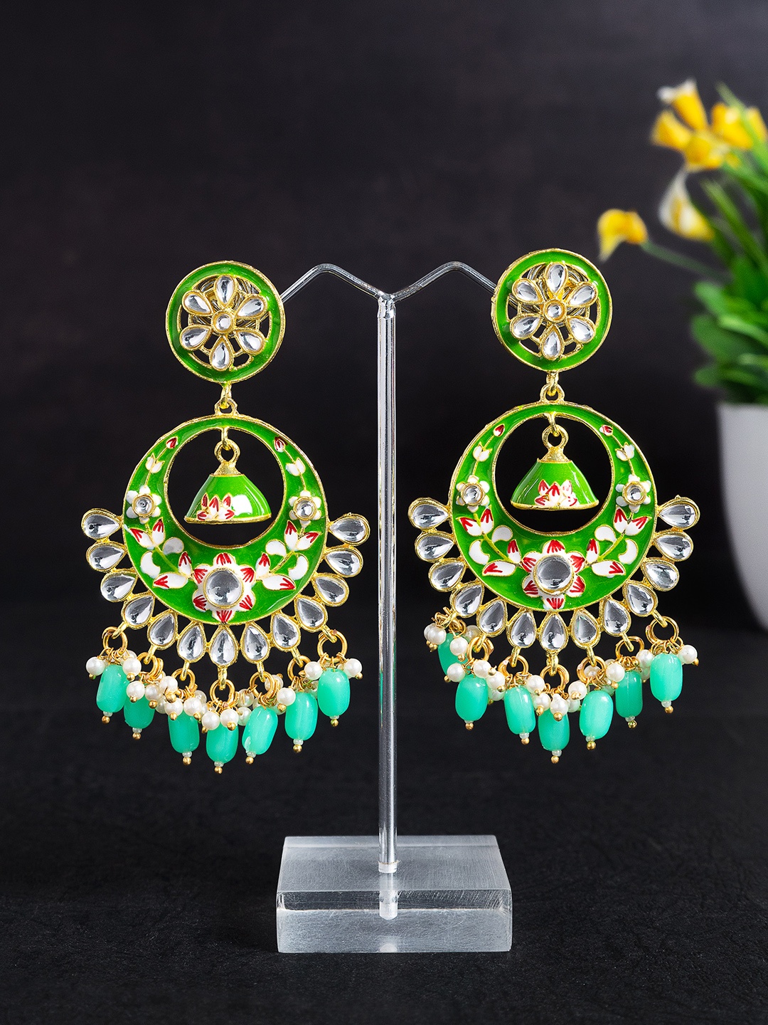 

Golden Peacock Green & White Crescent Shaped Drop Earrings