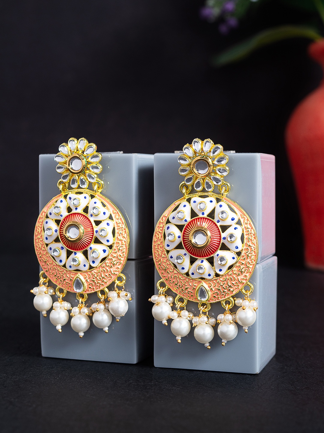 

Golden Peacock Peach-Coloured & White Circular Beaded Chandbalis Earrings