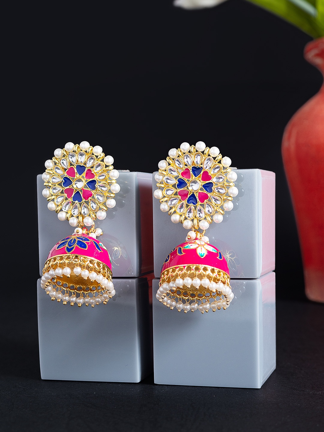 

Golden Peacock Pink & Blue Dome Shaped Jhumkas Earrings