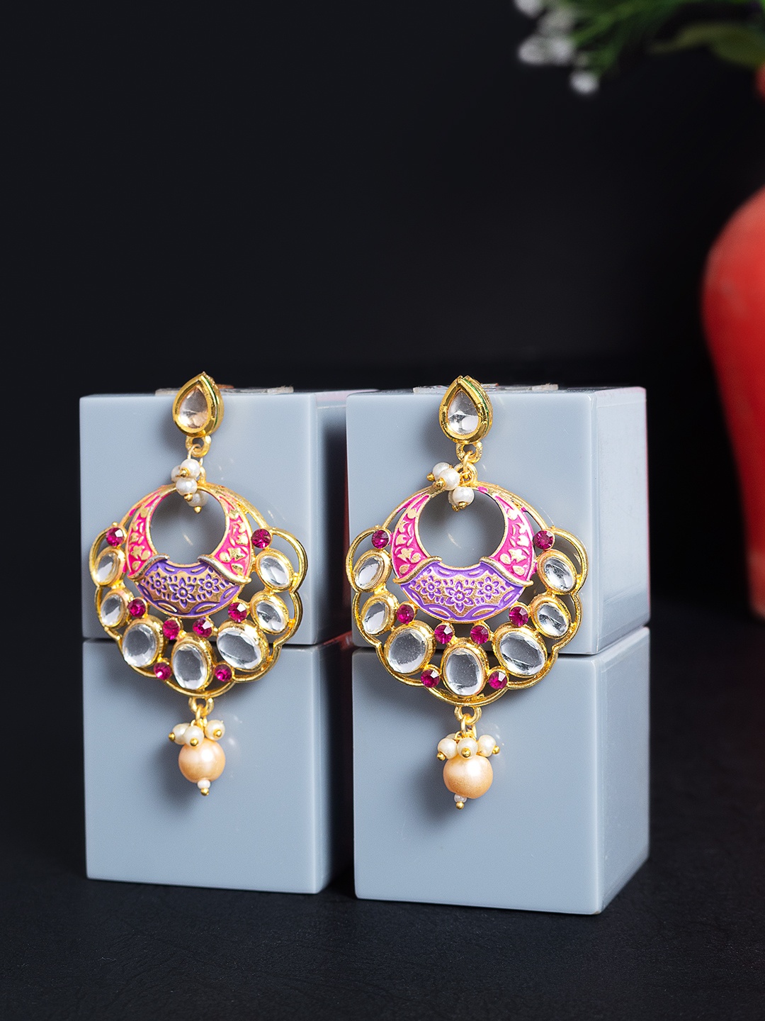 

Golden Peacock Pink & Purple Crescent Shaped Kundan-Studded Drop Earrings