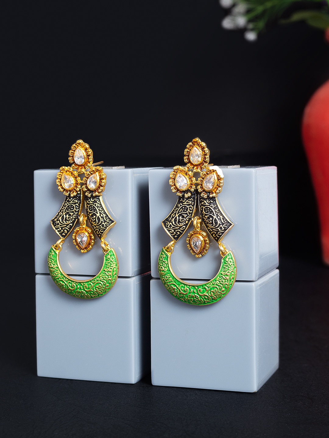 

Golden Peacock Green & Gold Plated Contemporary Design Kundan Studded Drop Earrings