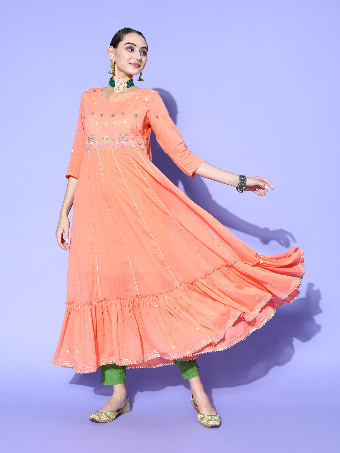 

ZOLA Women Beautiful Peach Cotton Ruffled Kurta