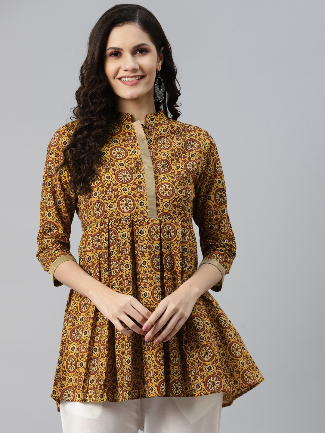 

MBE Mustard Yellow & Brown Floral Print Mandarin Collar Cotton Peplum Top