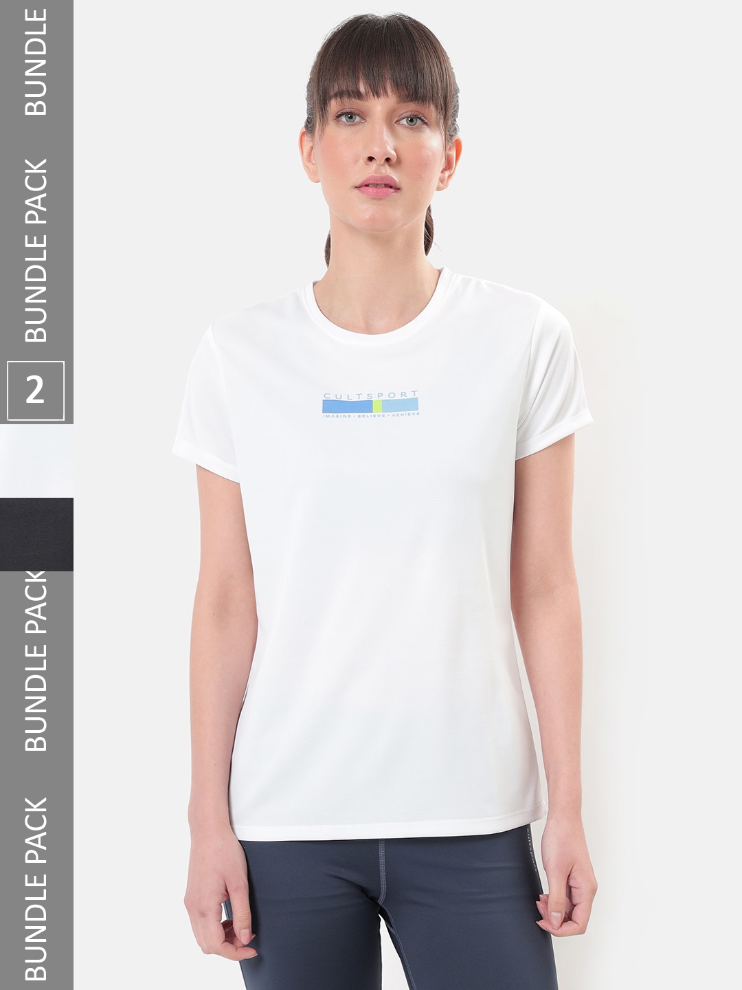 

cultsportone Women Pack Of 2 Brand Logo 2 Printed Moisture Wicking Performance T-shirts, Black