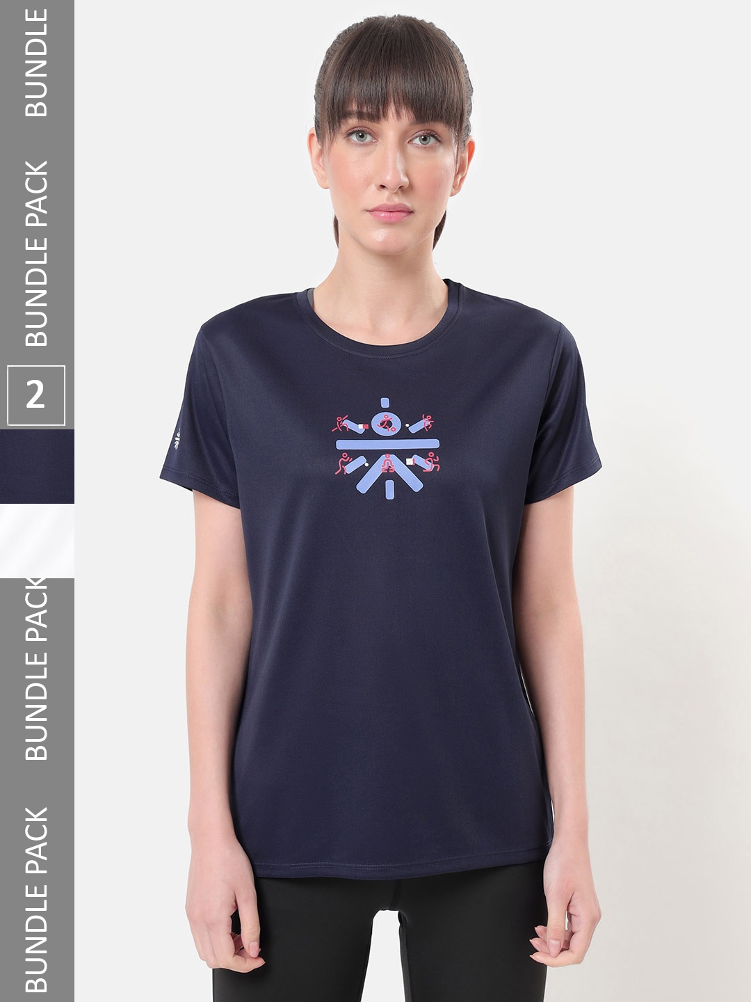

CULT Women Pack of 2 Printed Moisture Wicking Play Performance T-shirts, Navy blue