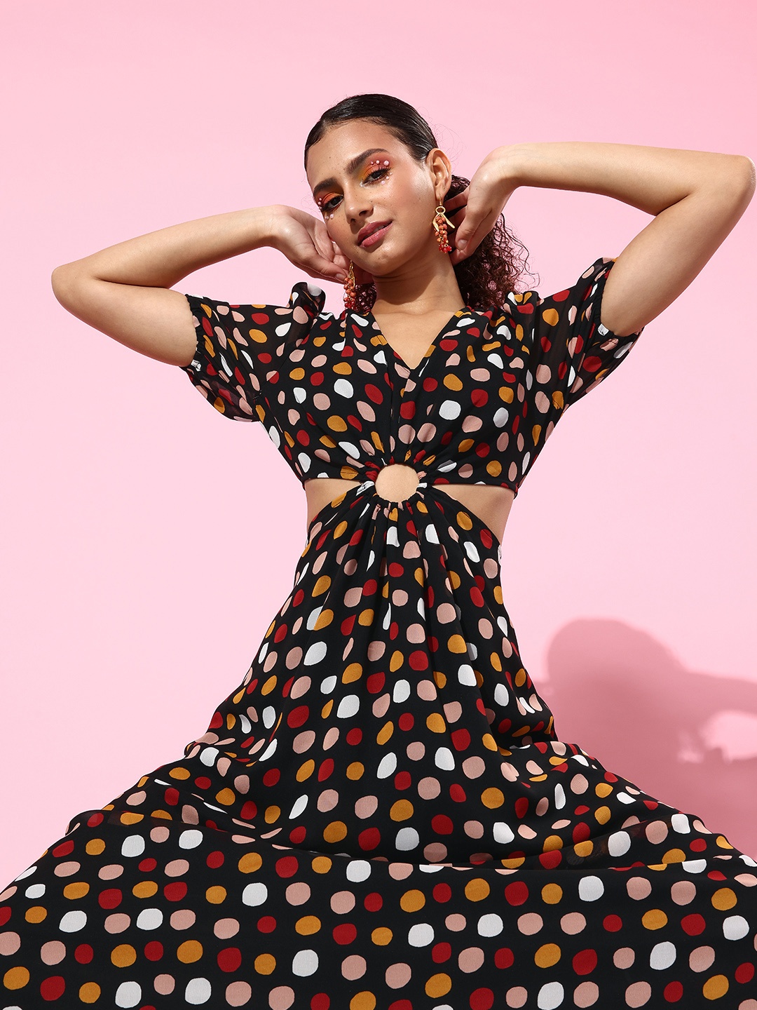 

People Women Black Polka Dotted Cut It Off Dress