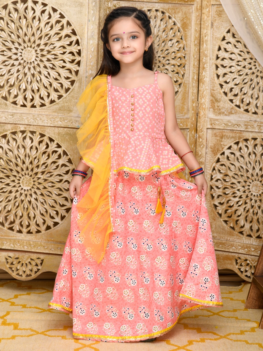 

SAKA DESIGNS Girls Peach-Coloured & Yellow Ready to Wear Lehenga & Blouse With Dupatta