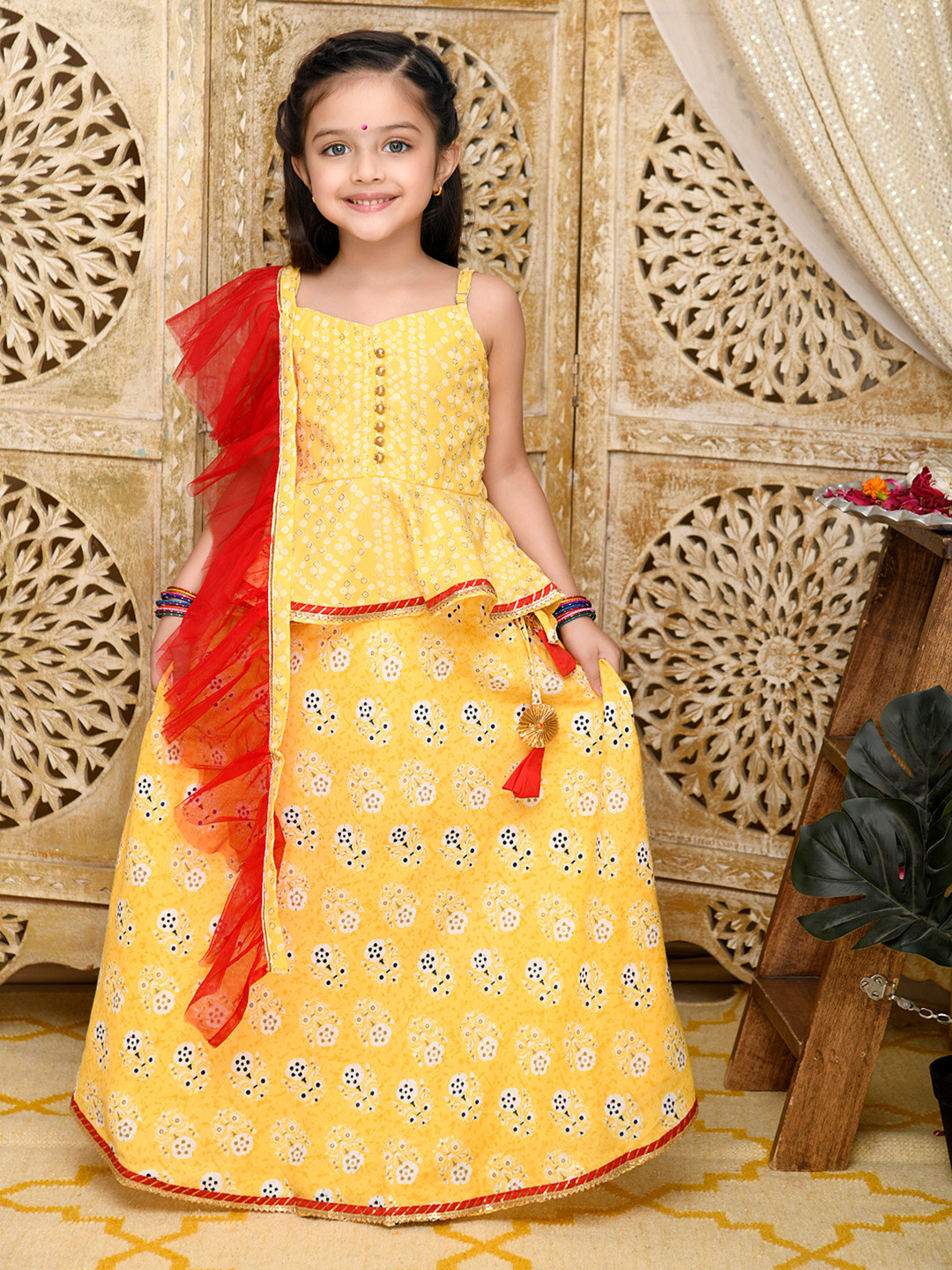 

SAKA DESIGNS Girls Yellow & Red Ready to Wear Lehenga & Blouse With Dupatta