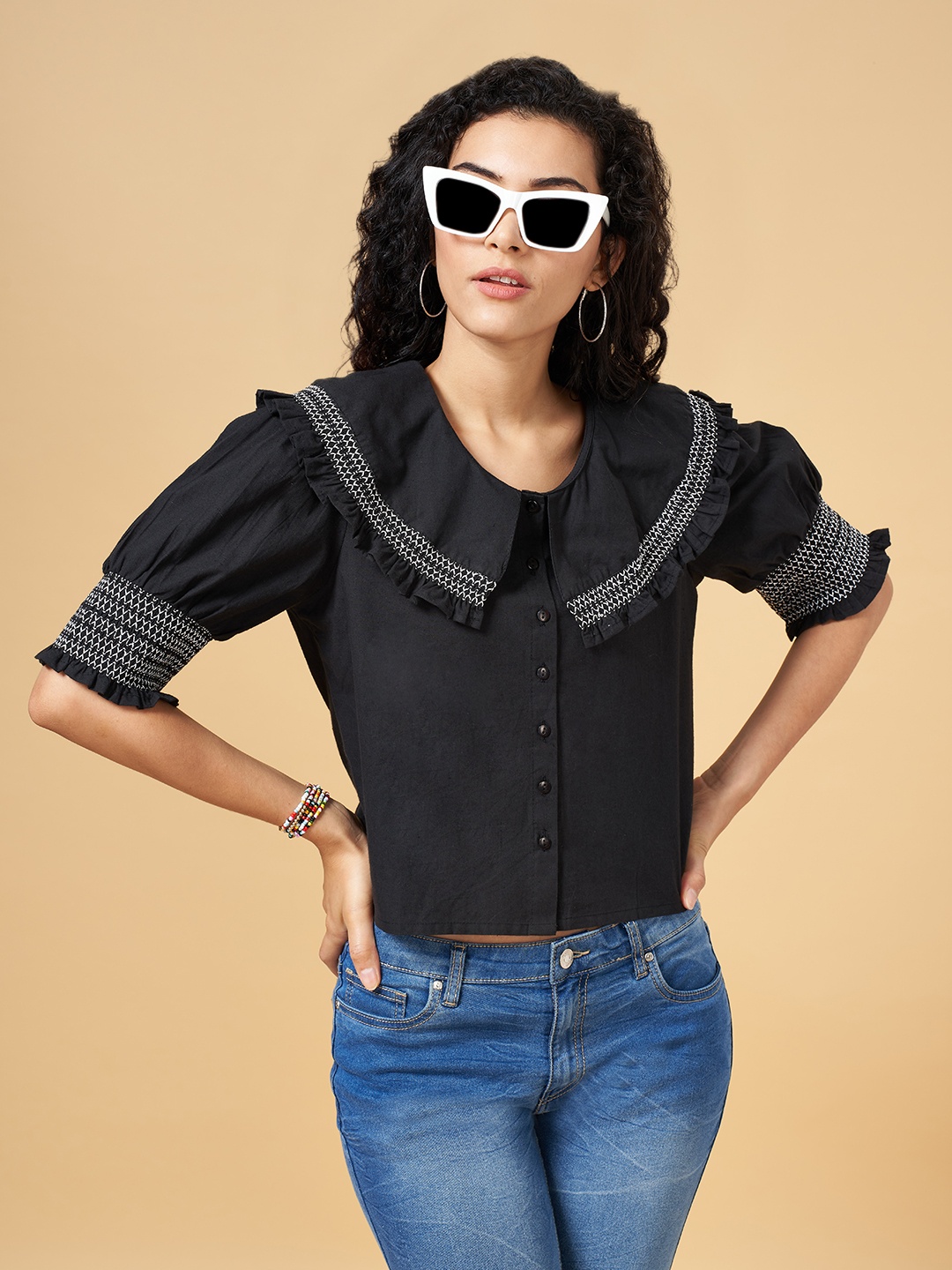 

People Black Solid Pure Cotton Ruffles Smocked Top