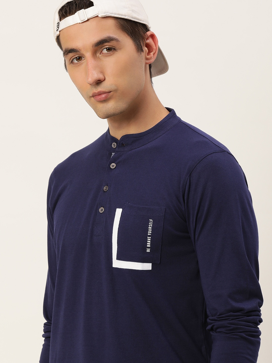 

Maniac Men Navy Blue Typography Printed Henley Neck Slim Fit T-shirt