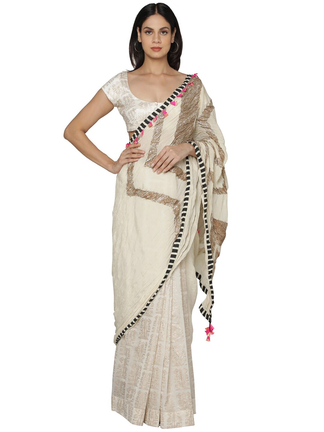 

Masaba White & Gold-Toned Pure Crepe Saree