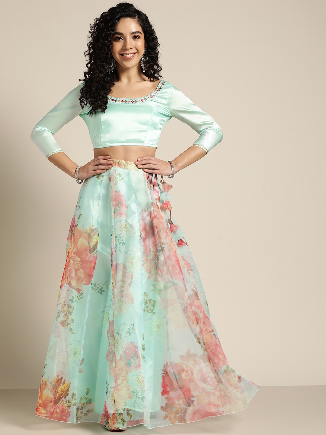 

Shae by SASSAFRAS Sea Green & Pink Printed Crop Top With Anarkali Skirt