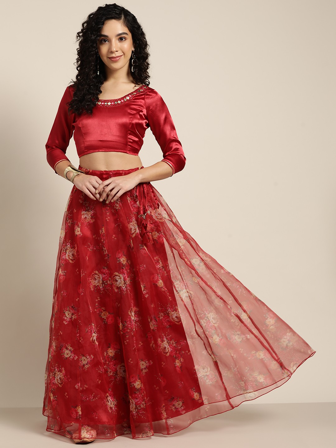 

Shae by SASSAFRAS Maroon Embroidered Mirror Work Ready to Wear Organza Lehenga