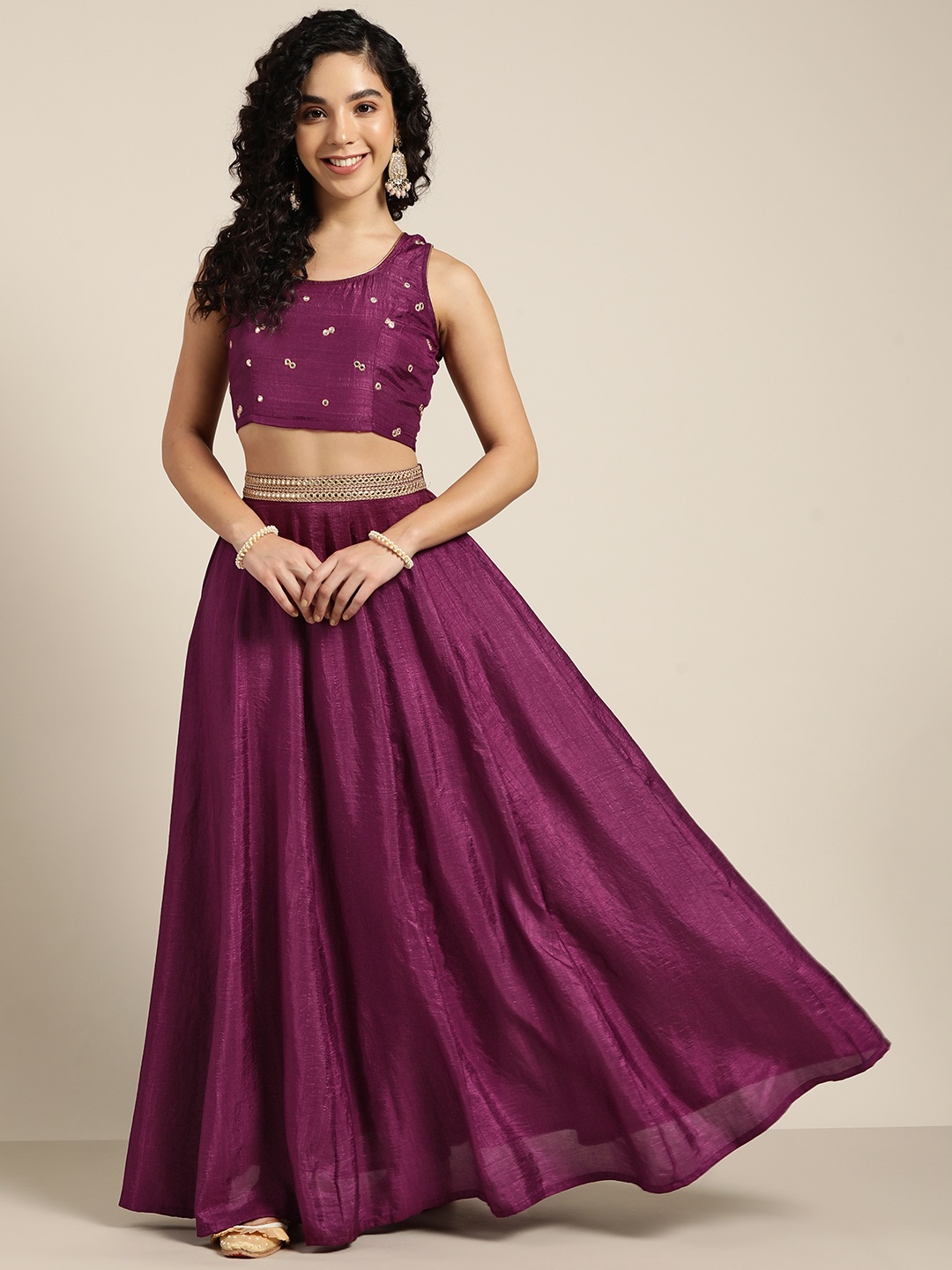 

Shae by SASSAFRAS Burgundy Embroidered Mirror Work Top With Anarkali Skirt