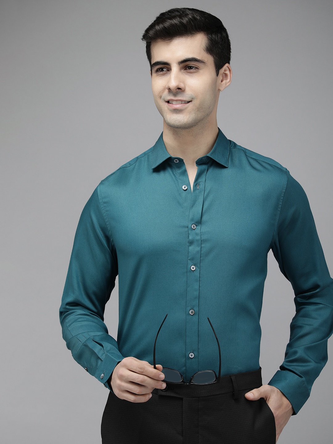 

THE BEAR HOUSE Men Teal Slim Fit Cotton Formal Shirt