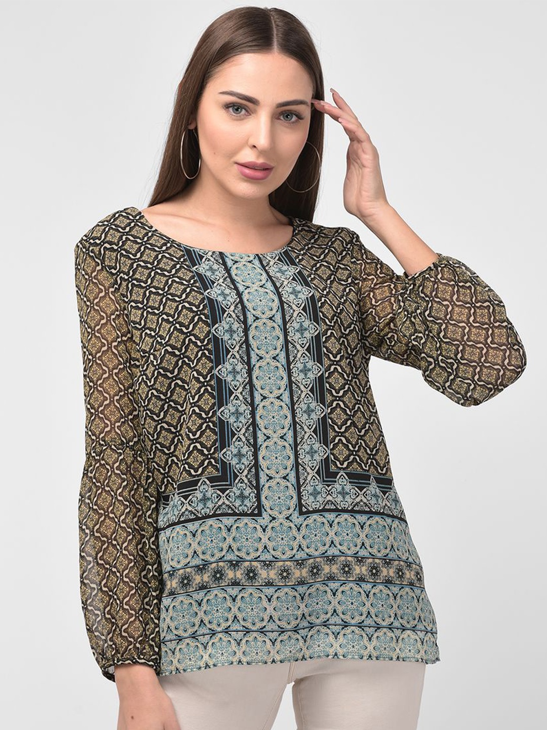 

250 DESIGNS Black & Blue Geometric Print Georgette Top