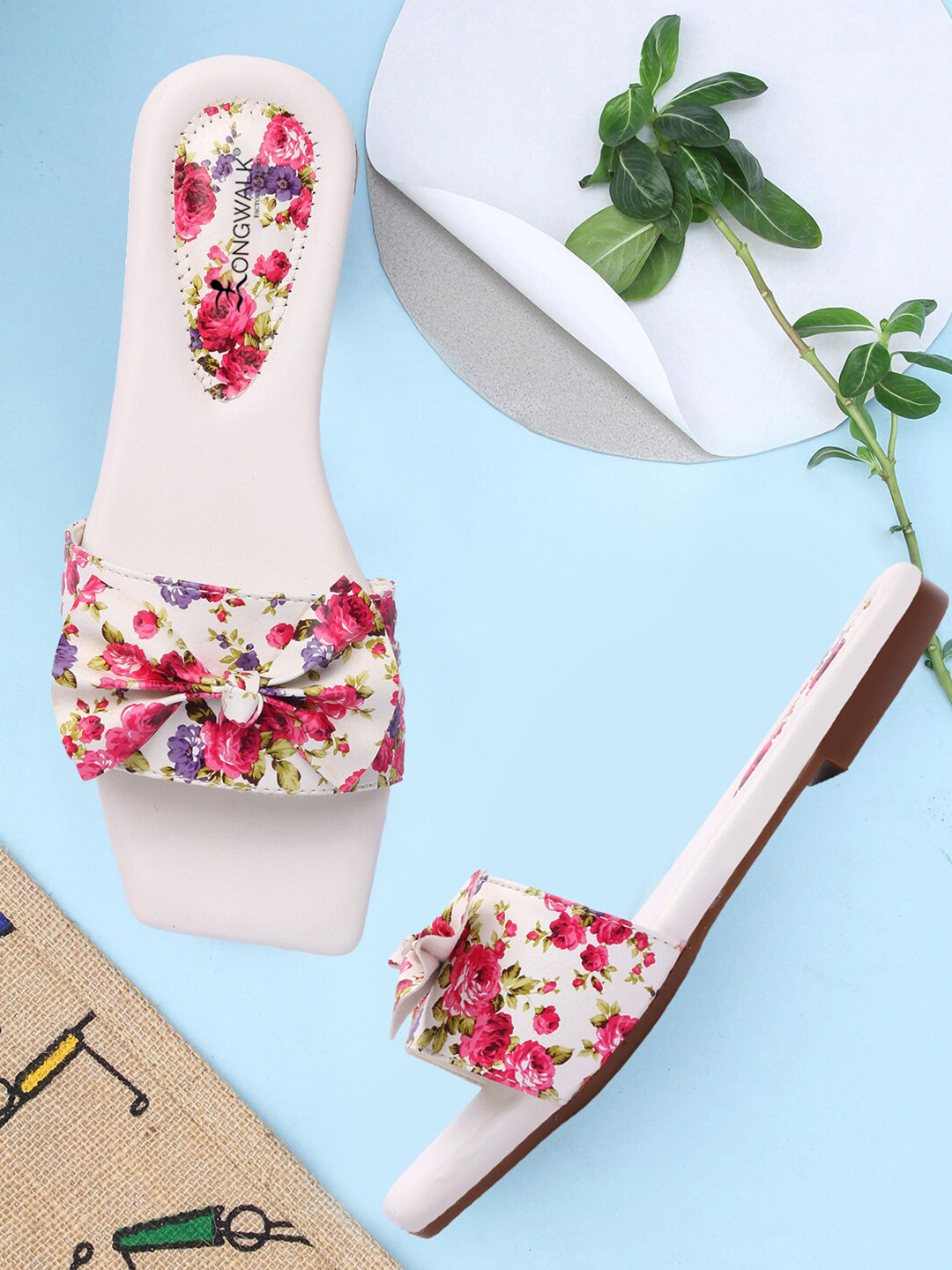 

Longwalk Women White Printed Slip-on Open Toe Flats