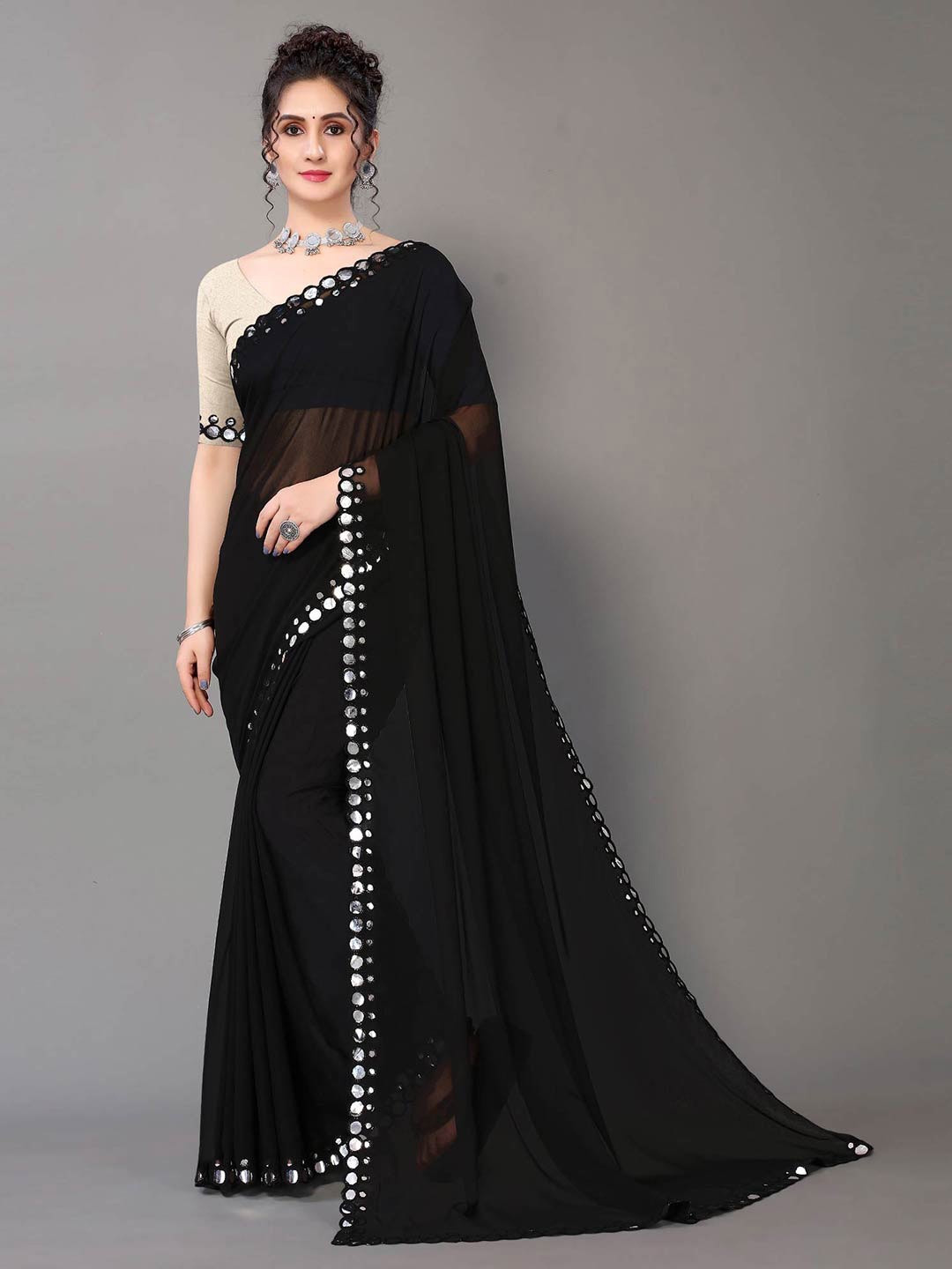 

HRITIKA Black Mirror Work Pure Georgette Saree
