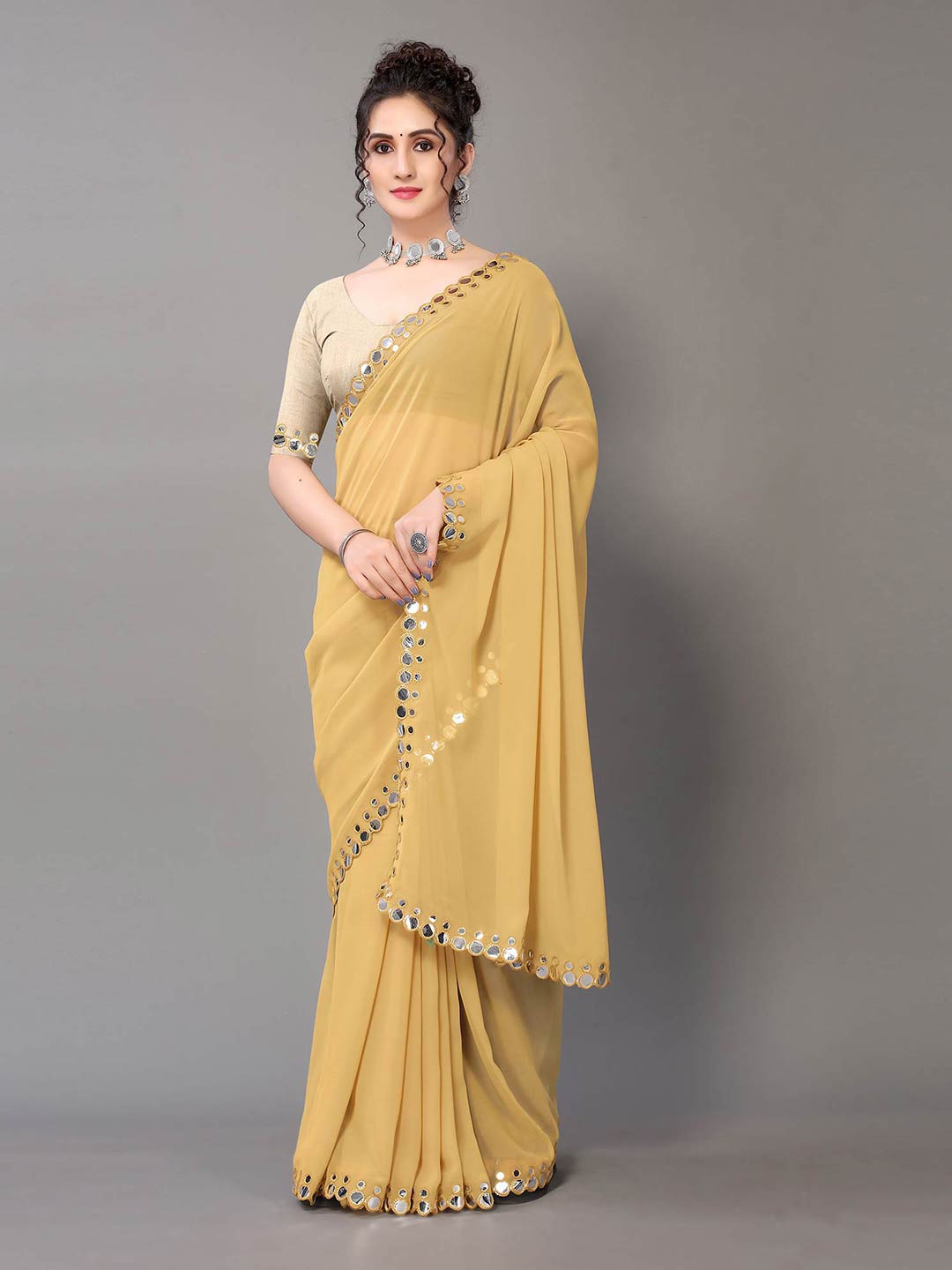 

HRITIKA Beige Mirror Work Pure Georgette Saree