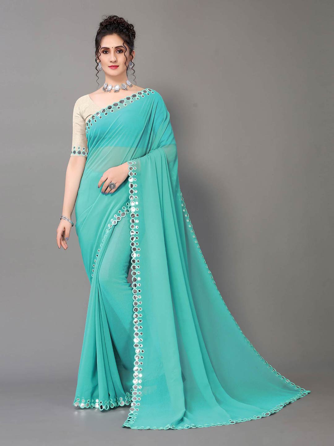 

HRITIKA Turquoise Blue & White Mirror Work Pure Georgette Saree
