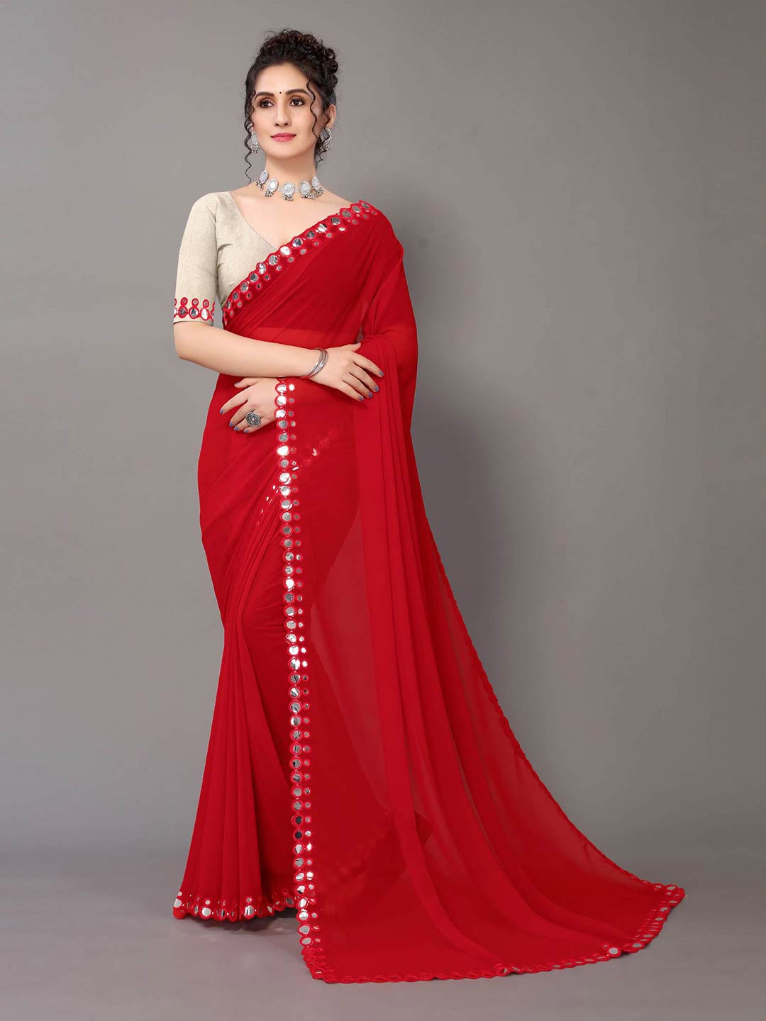 

HRITIKA Red & White Mirror Work Pure Georgette Saree