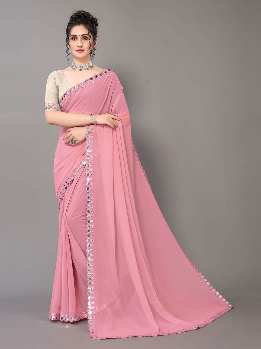 

HRITIKA Pink & Silver-Toned Embellished Mirror Work Pure Georgette Saree
