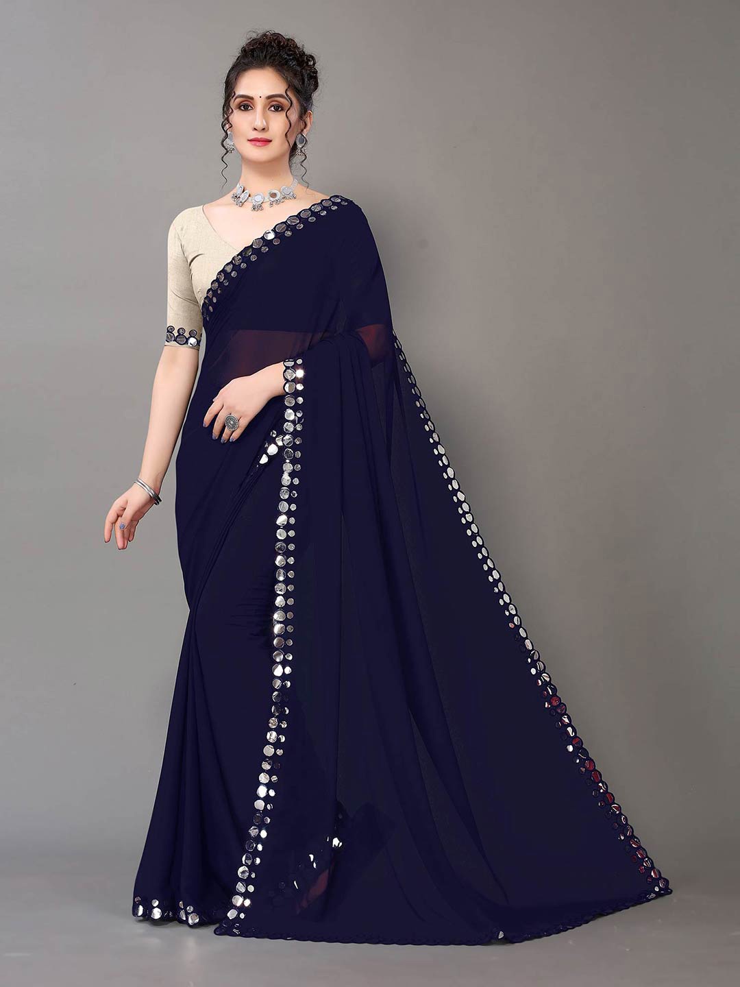 

HRITIKA Navy Blue & White Mirror Work Pure Georgette Saree