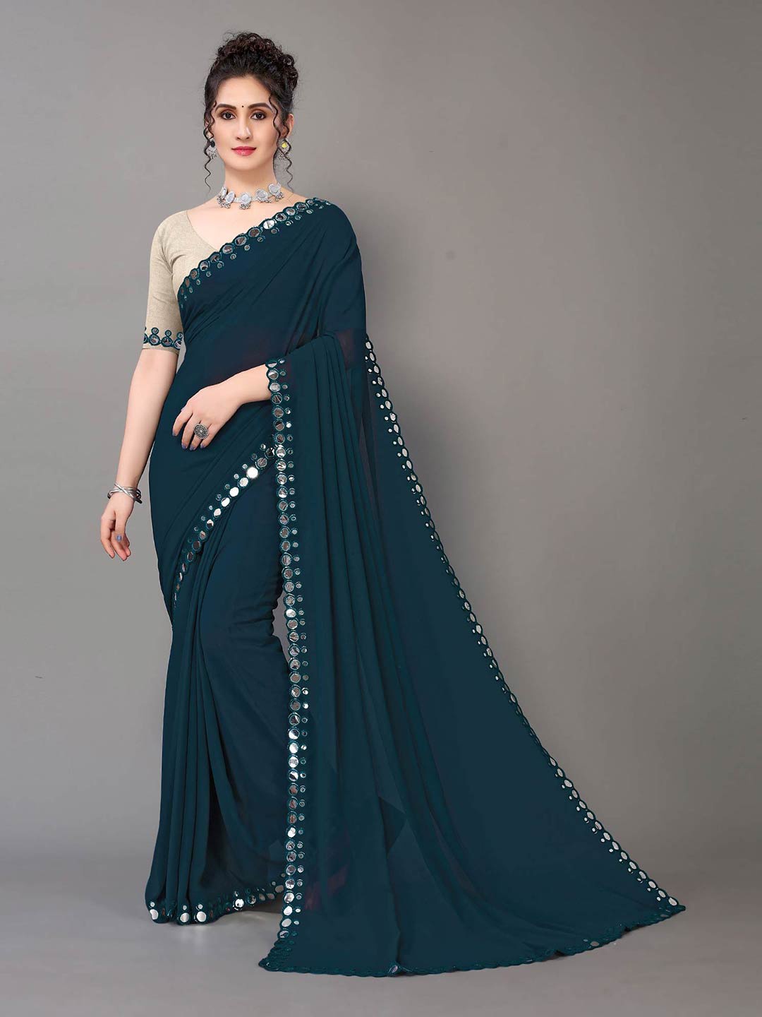 

HRITIKA Teal & Silver-Toned Mirror Work Pure Georgette Saree