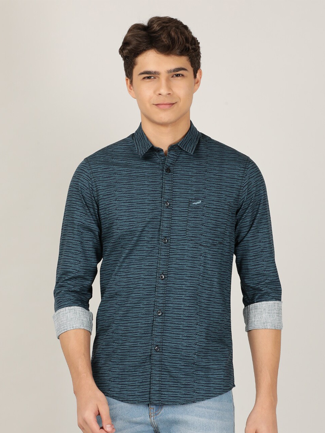 

Crocodile Men Teal Classic Slim Fit Printed Casual Shirt