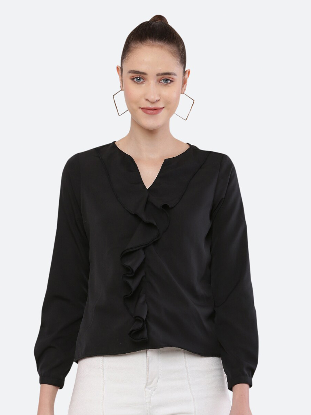 

BLUE CHIC Women Black Keyhole Neck Crepe Top